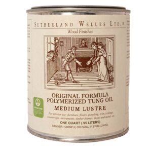 Can of Sutherland Welles wood finish: Original Formula Polymerized Tung Oil, Medium Lustre for interior woodwork.