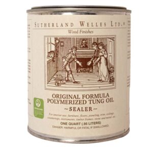 Can of Sutherland Welles Original Formula Polymerized Tung Oil Sealer for wood finishes, 1 quart (.95 L). contains warning text on label.