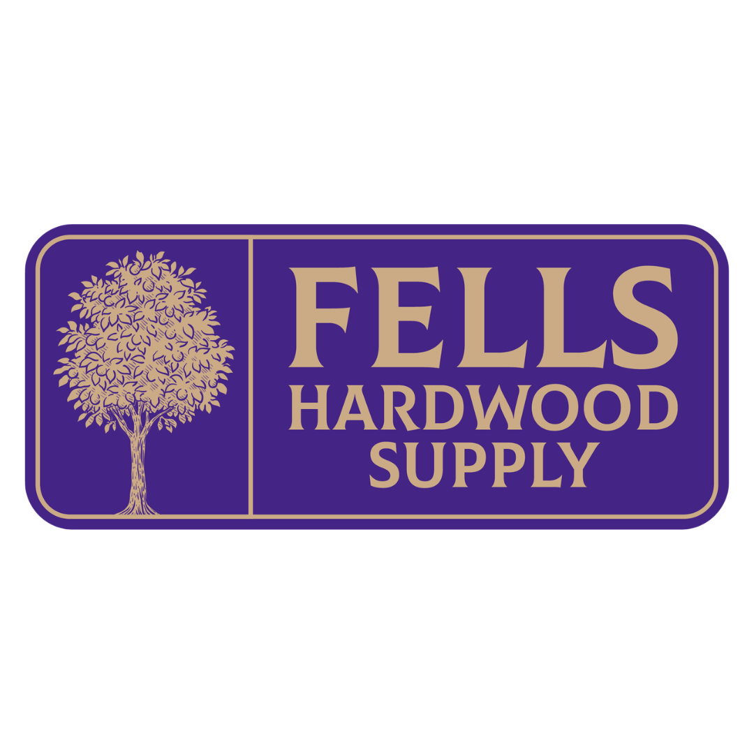 FELLS HARDWOOD SUPPLY logo: gold tree on the left, bold gold text on purple background.