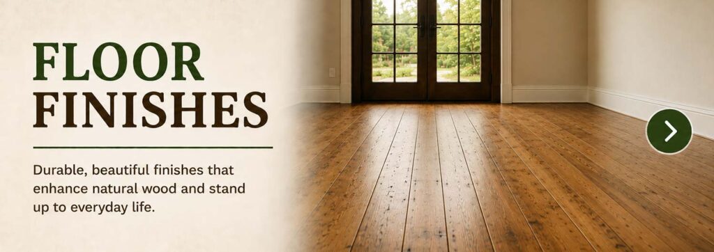 Promo image for floor finishes: bold 'FLOOR FINISHES' text with a description of durable, beautiful finishes, shown in a sunlit room with a wooden floor and glass doors at the back.