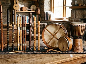 Row of wooden wind instruments (recorders) and drums arranged on a rustic wooden table in a music room.