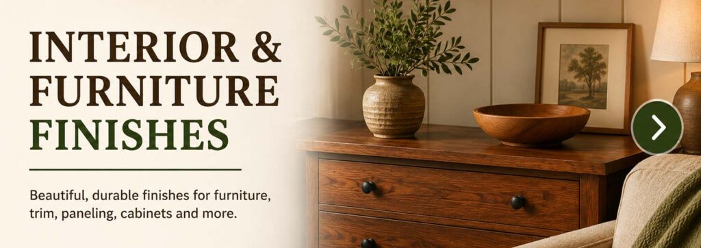 Banner promoting interior and furniture finishes featuring a wooden dresser with decor on the right and large text on the left.